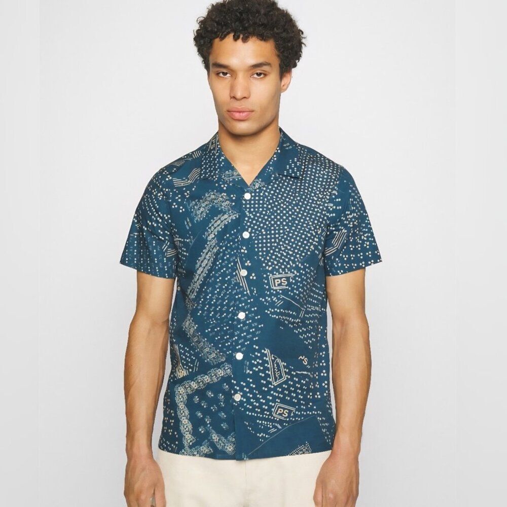 NWT PS PAUL SMITH - XL Mens Short Sleeve Blue‎ Printed Button-Down Shirt $175